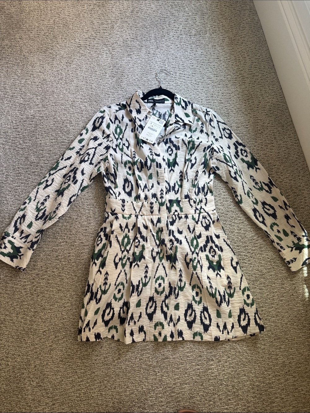 Women's Printed Dress - Beige with Green & Black Pattern